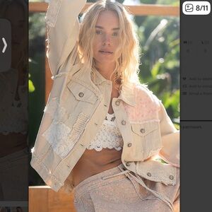 POL Beige and Pink Jean Jacket with Crochet Accents